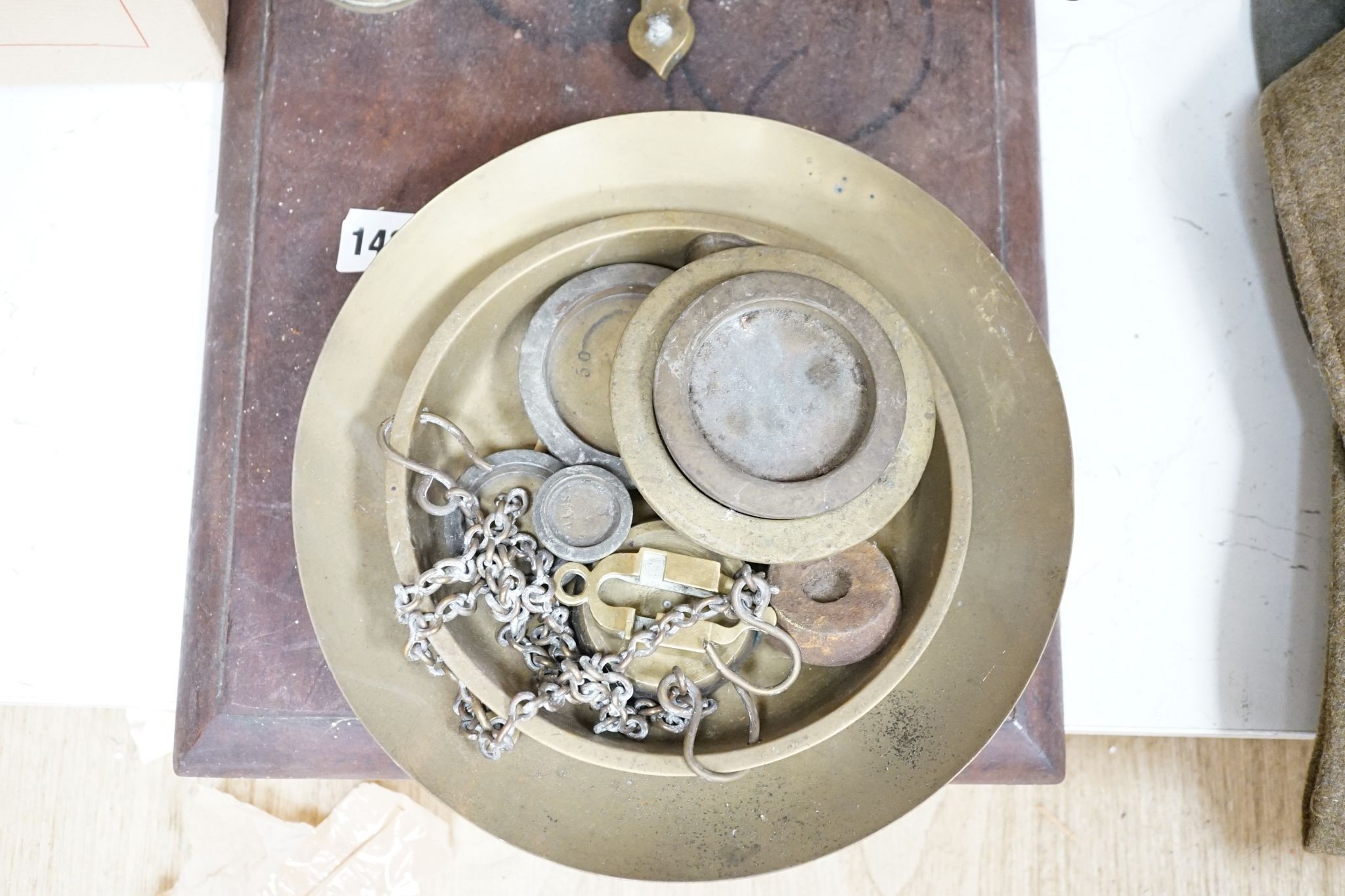 A Victorian brass pan scale., 60 cms high from base.